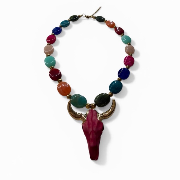 Multicolored Necklace,Pink, Gold Pendant Colorful Bull Skull Necklace,New - Picture 7 of 8